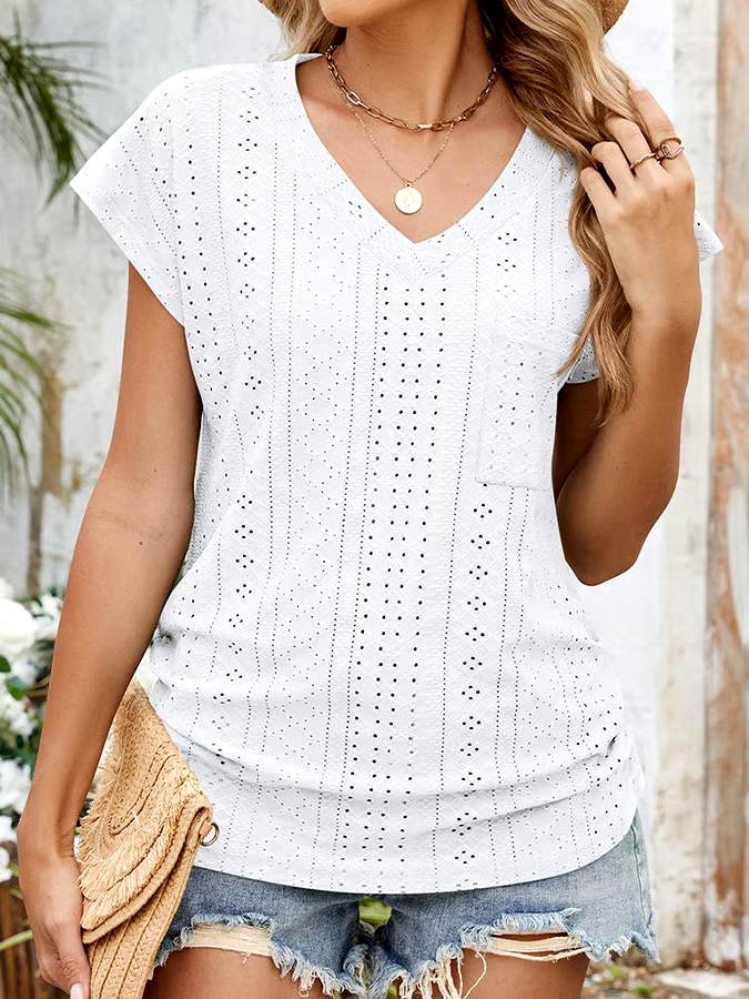 Women'S Casual Solid Color V-Neck Pocket Short Sleeve T-Shirt