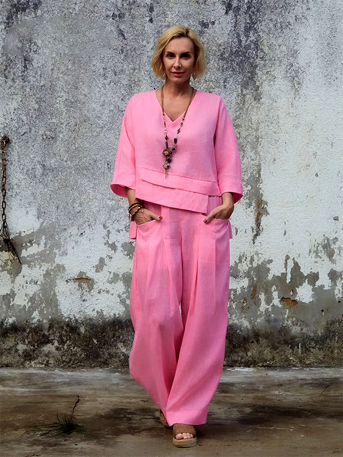 Women'S Casual Solid Color Irregular Cotton And Linen Suit