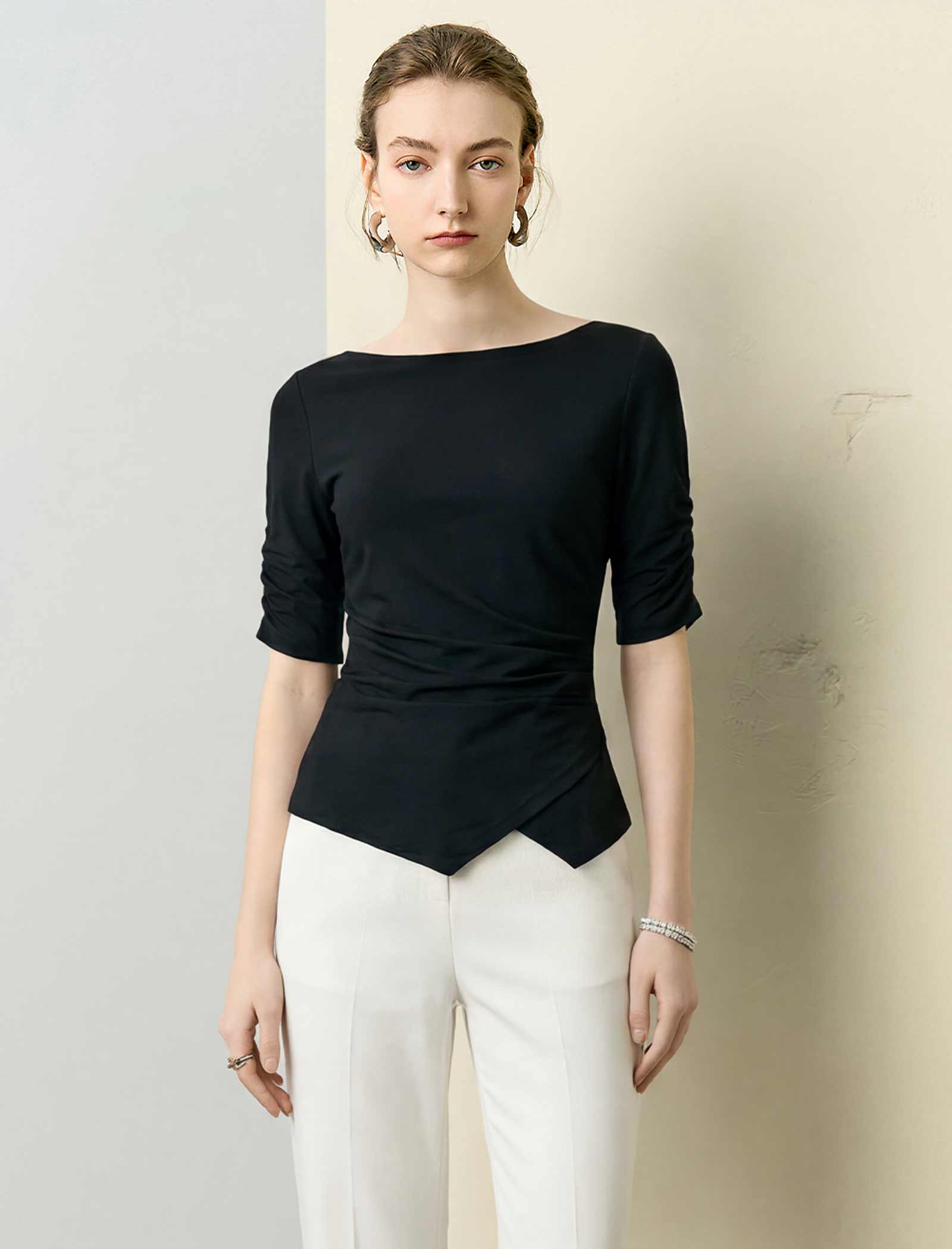 Boat Neck Ruched Sleeve Asymmetrical Top