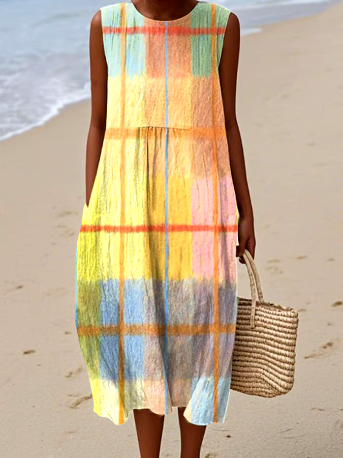 Women's Casual Colorblock Plaid Sleeveless Dress