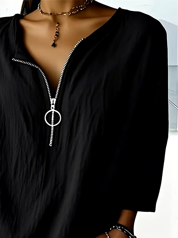 Women's Casual Solid Color Zipper Three-quarter Sleeve Cotton and Linen Shirt