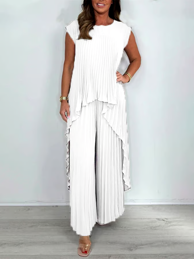 Women'S Solid Color Round Neck Pleated Top Straight Trousers Two-Piece Set