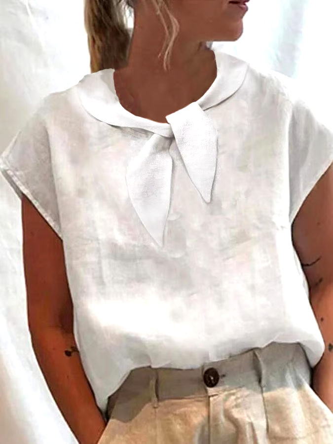 Women'S Casual Solid Color Short-Sleeved Cotton And Linen Top