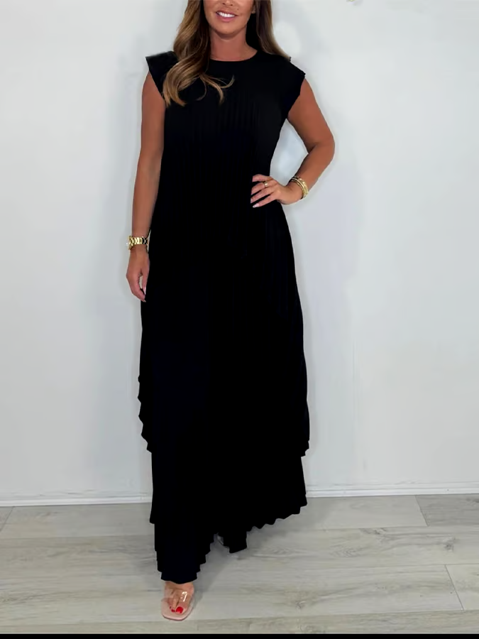 Women'S Solid Color Round Neck Pleated Top Straight Trousers Two-Piece Set