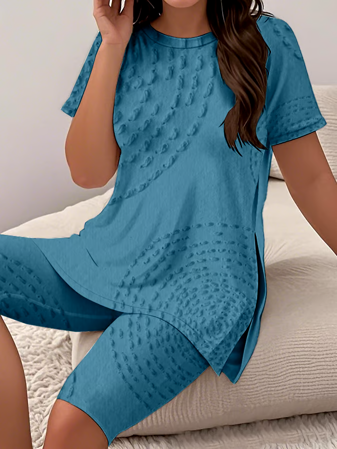 Women's Casual Round Neck  Print Short Sleeve T-Shirt Shorts Set