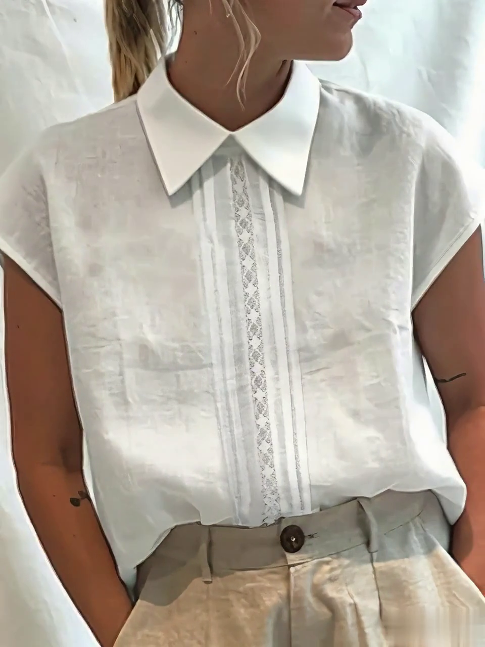 Women's Casual Solid Color Lace Stitching Lapel Shirt