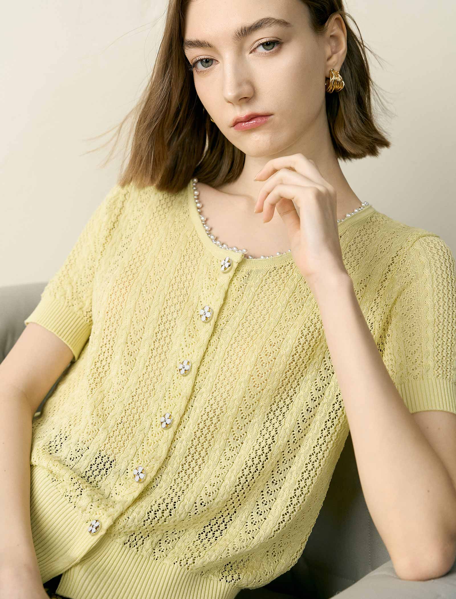 Pale Yellow Tencel Pearl Trim Knit Cardigan
