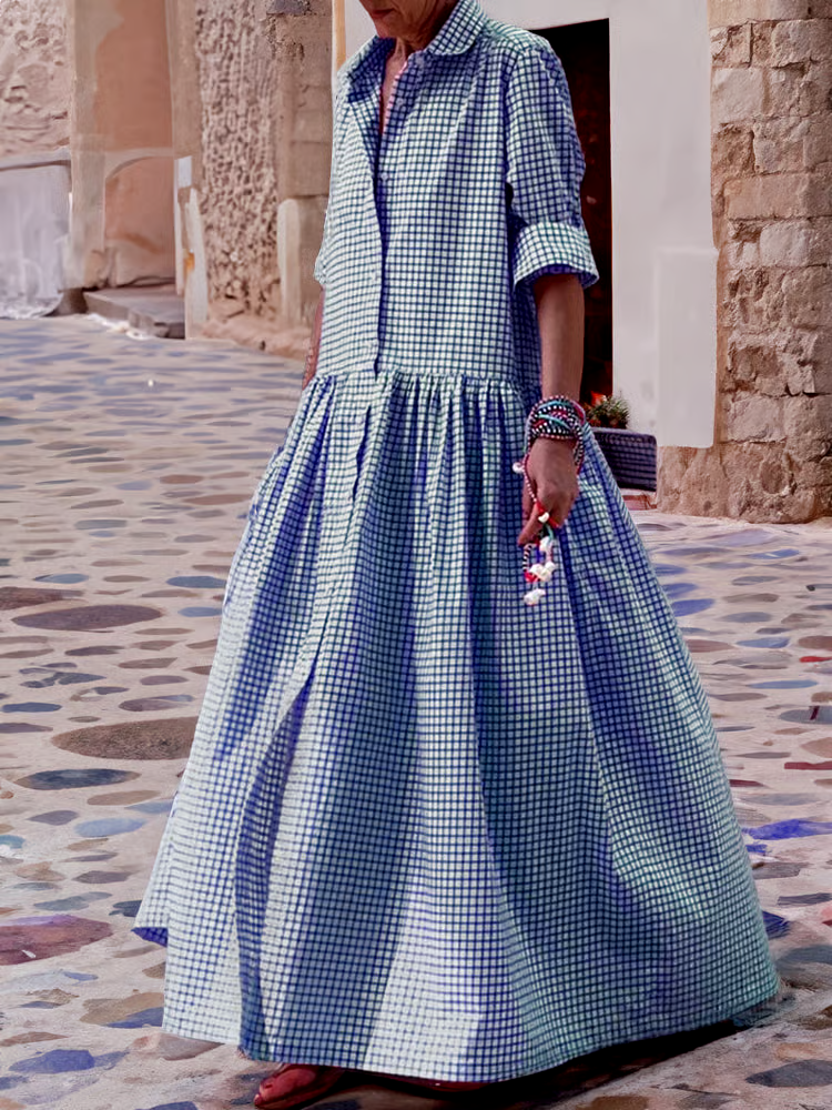 Women's Long Sleeve Shirt Patchwork Cotton Dress