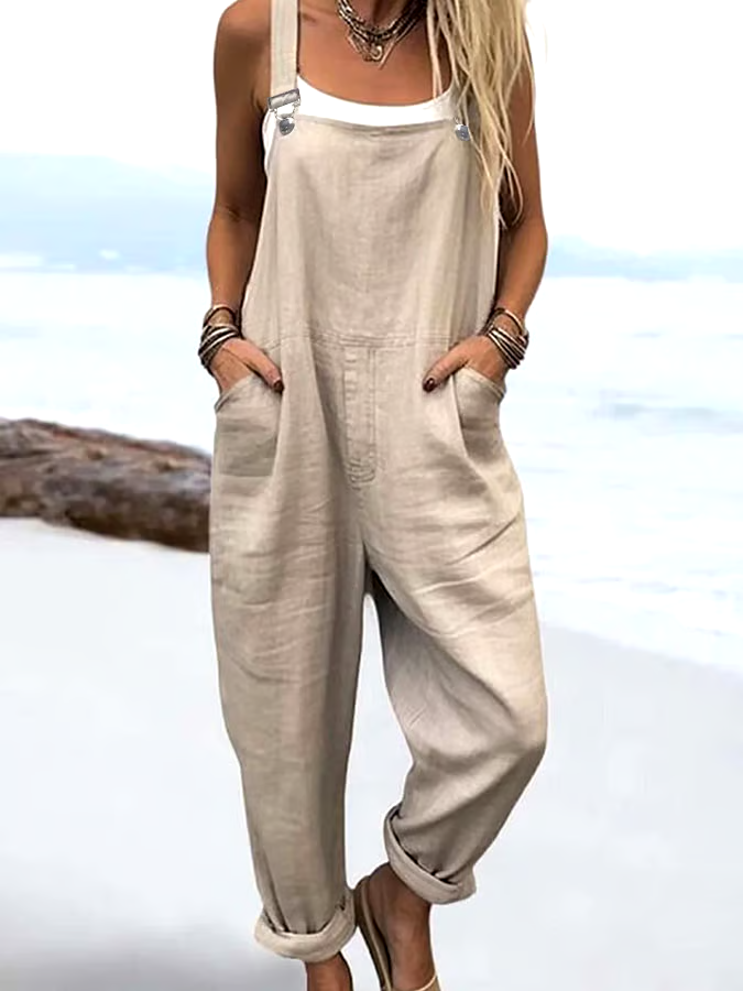 Women'S Casual Solid Color Cotton And Linen Overalls