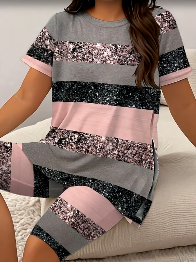 Women's Casual Round Neck Striped  Print Short Sleeve T-Shirt Shorts Set