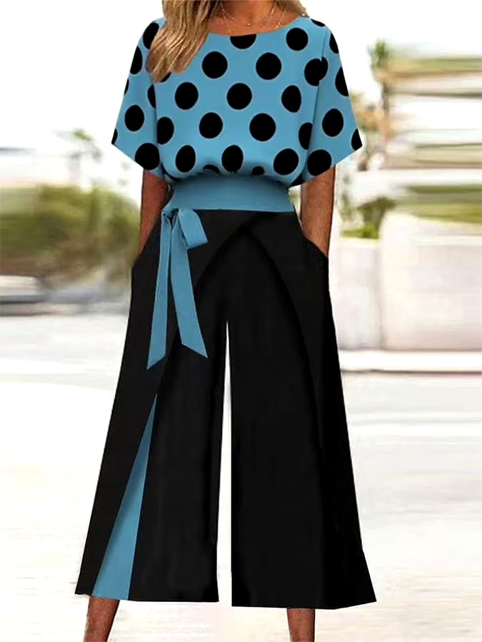 Women's Casual Round Neck Polka Dot Printed Trousers Two-Piece Set