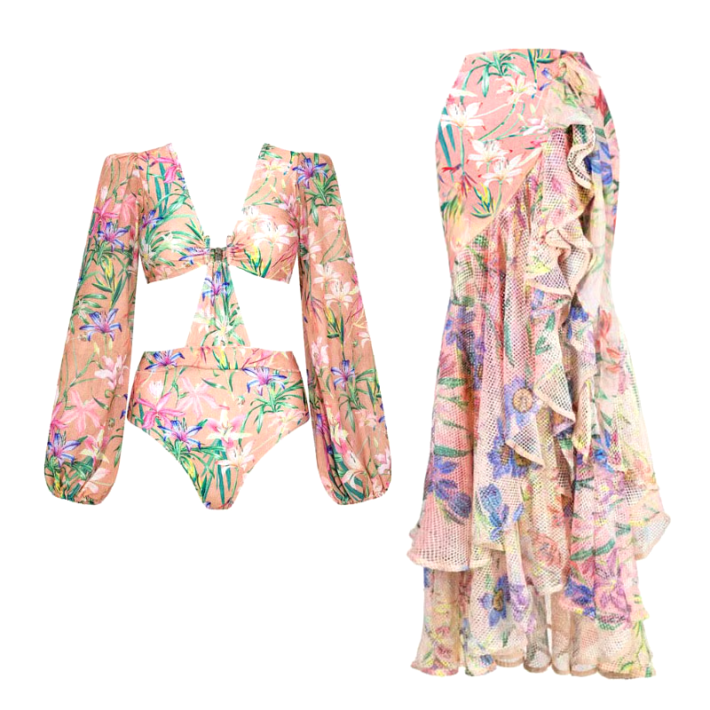 DBVACAY V Neck Cutout Floral Print Fishtail Skirt Swimsuit Set