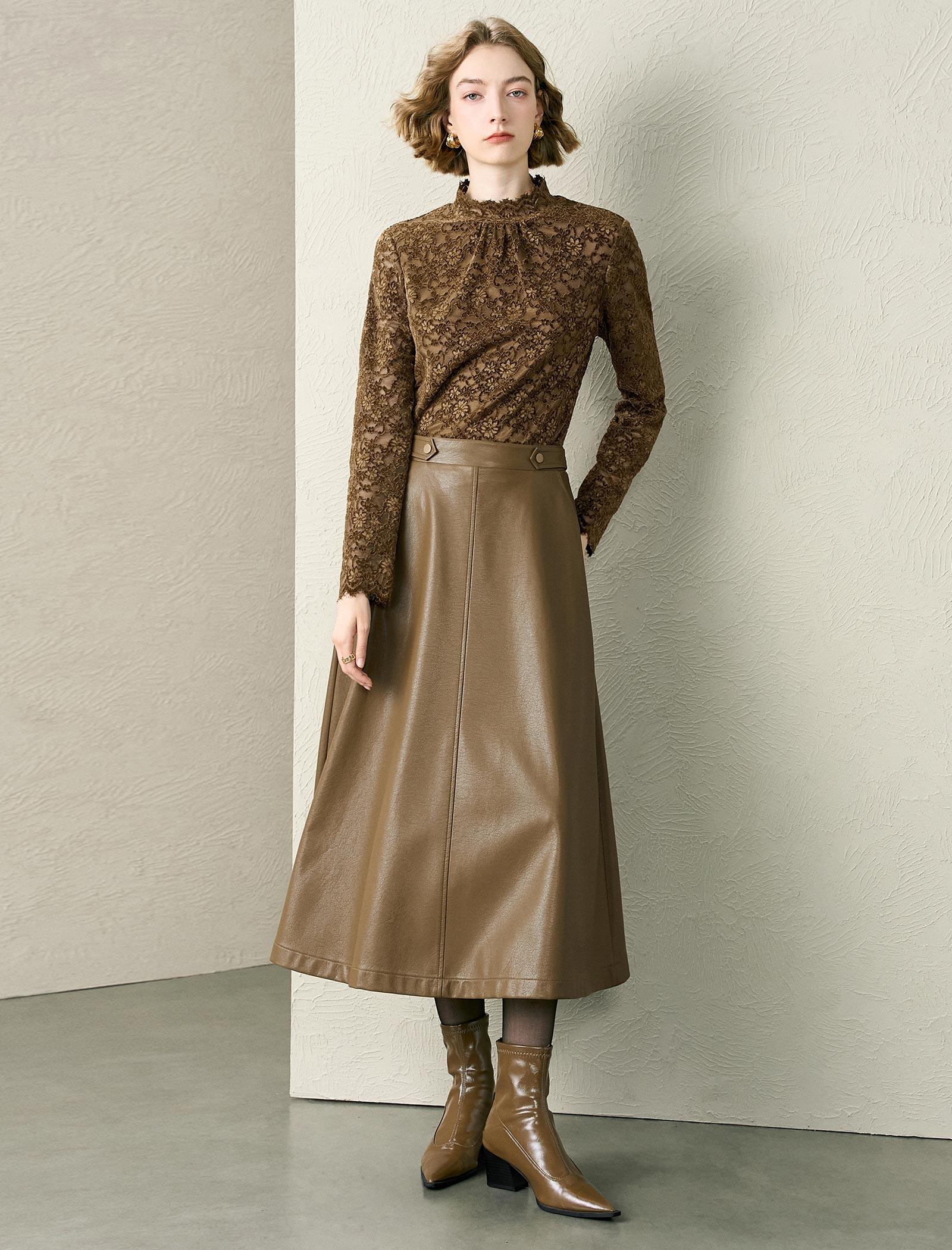 Floral Lace Mock Neck Ruched Blouse