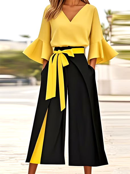 Women'S Casual V-Neck Trumpet Sleeve Contrast Color Two-Piece Suit