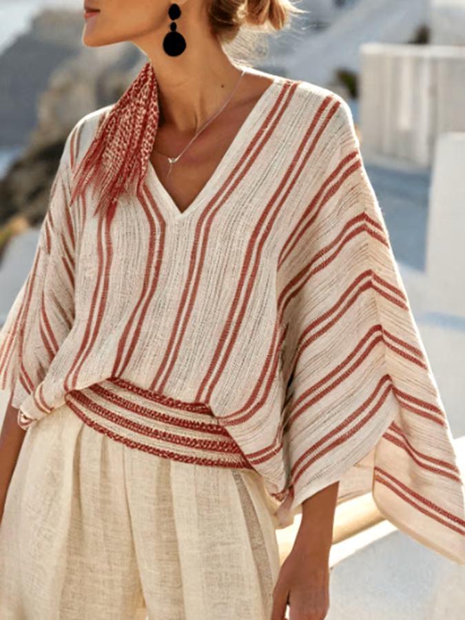 Women'S Loose Striped Holiday Shorts Set