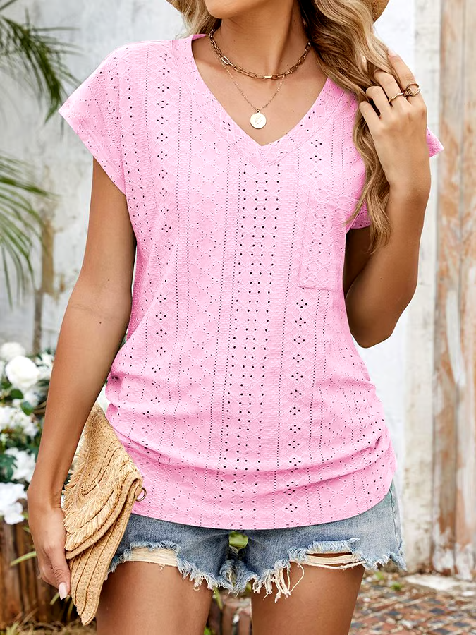 Women'S Casual Solid Color V-Neck Pocket Short Sleeve T-Shirt