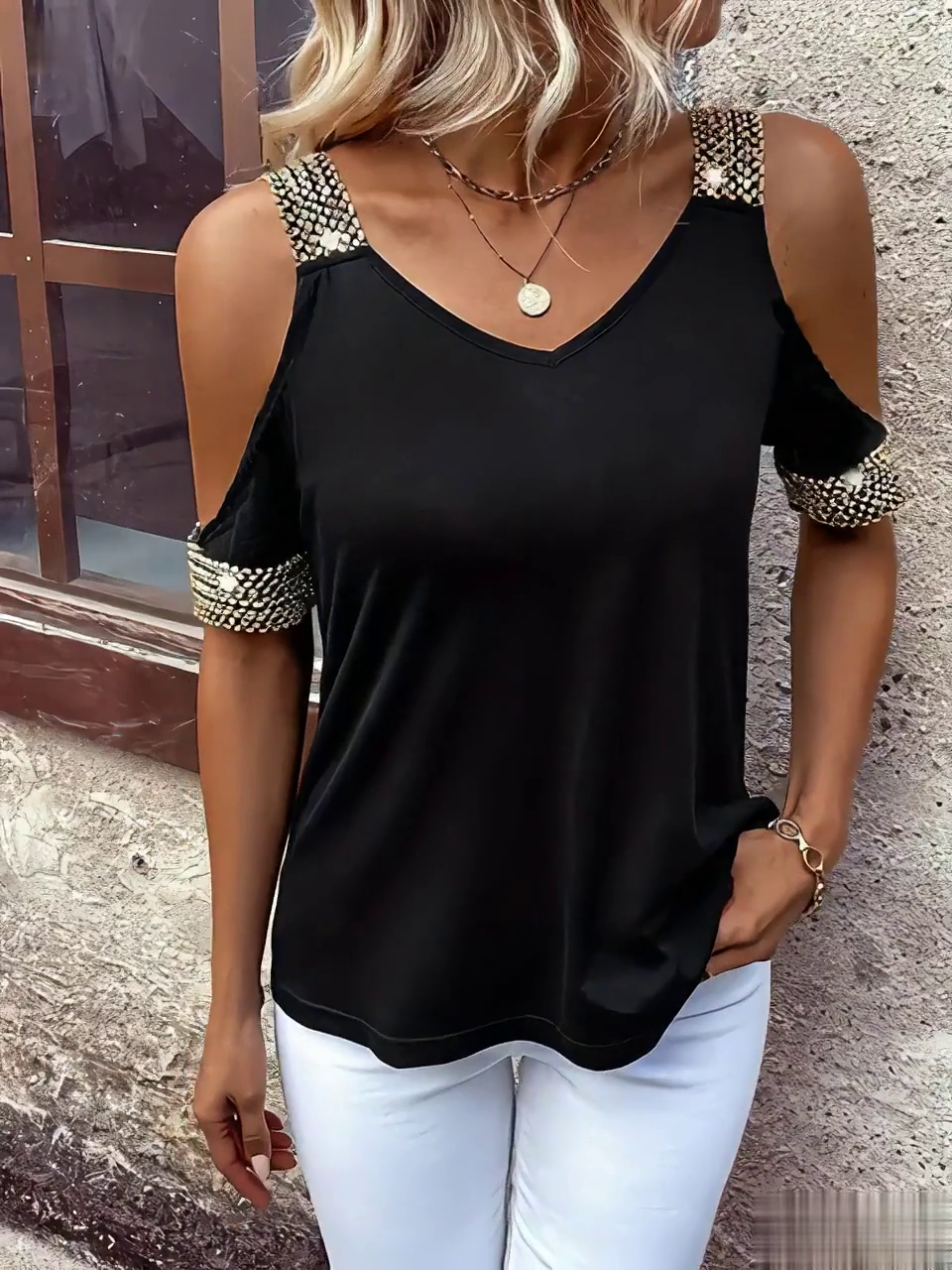 Women'S Solid Color Off-Shoulder Metal Stitching Short-Sleeved Top