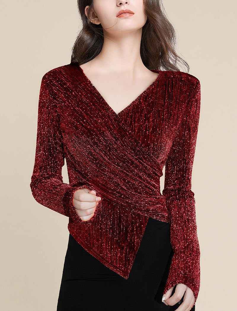 Glittery Wrap-Front Long Sleeve Top