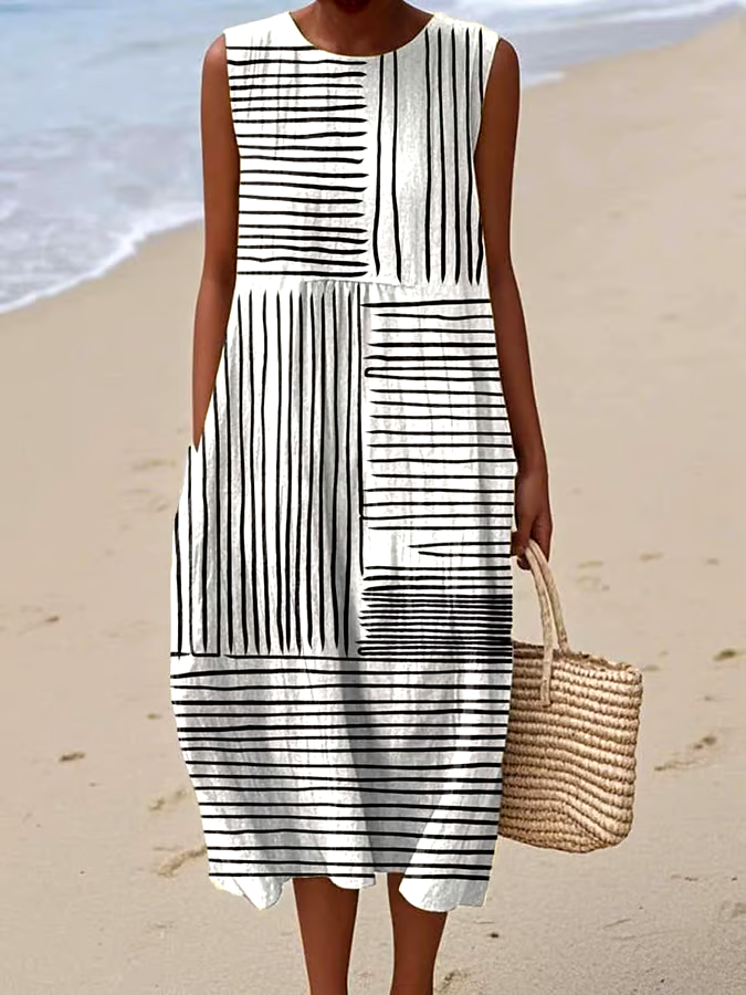 Women's casual cotton-linen printed dress