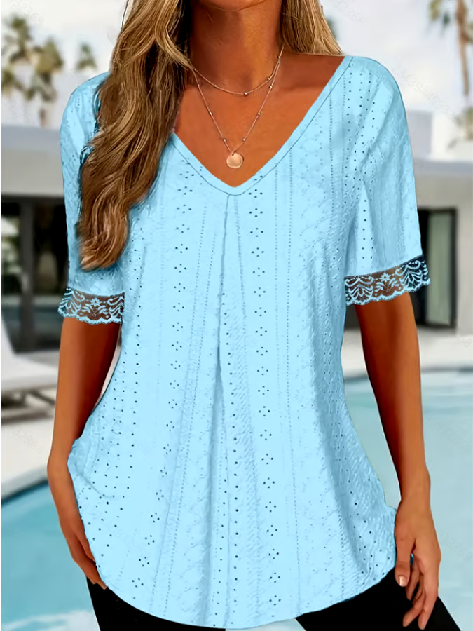 Women's solid color V-neck loose short-sleeved pleated T-shirt