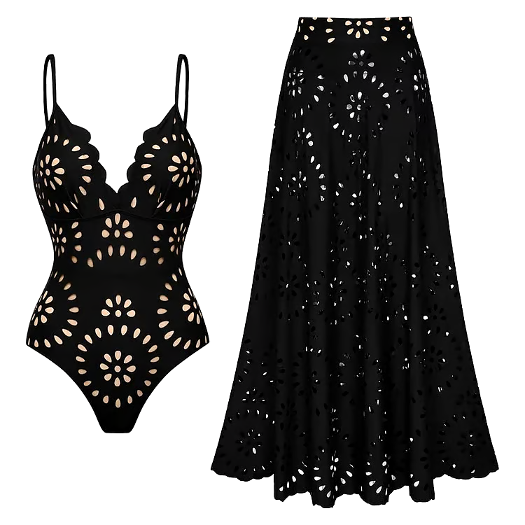DBVACAY Laser Cutting Flower Hollow Flared Skirt Swimsuit Set