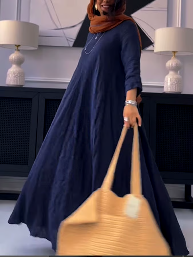 Women's Casual Solid Color V-Neck Long Sleeve Cotton and Linen Dress