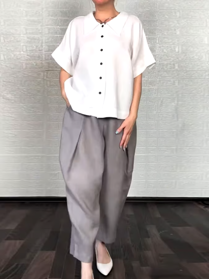 Women'S Casual Solid Color Cotton And Linen Shirt Pants Set