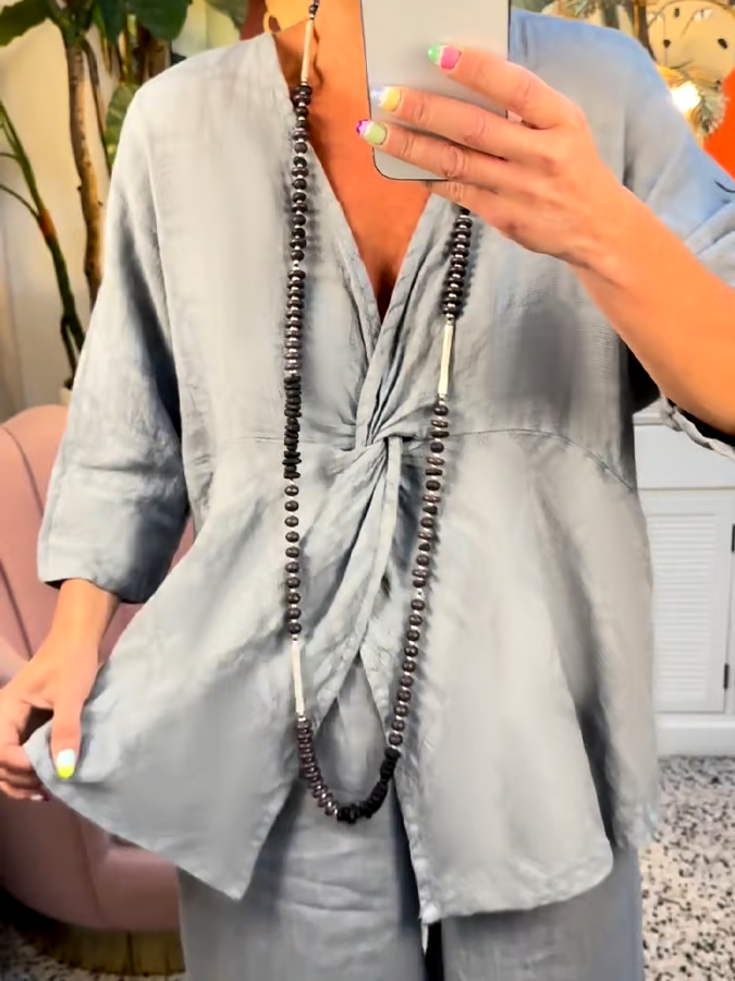 Women'S Casual V-Neck Twisted Cotton And Linen Two-Piece Suit