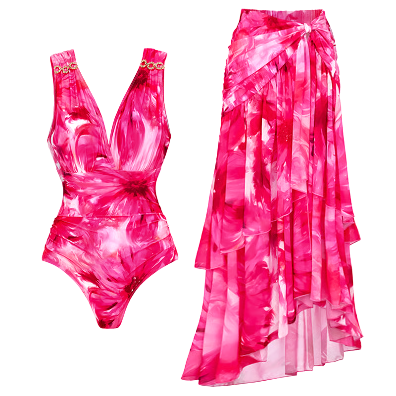 Floral Printed Halter One piece Swimsuit Set