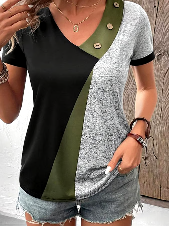 Women's Casual Contrast Color V-Neck Short Sleeve Button Top