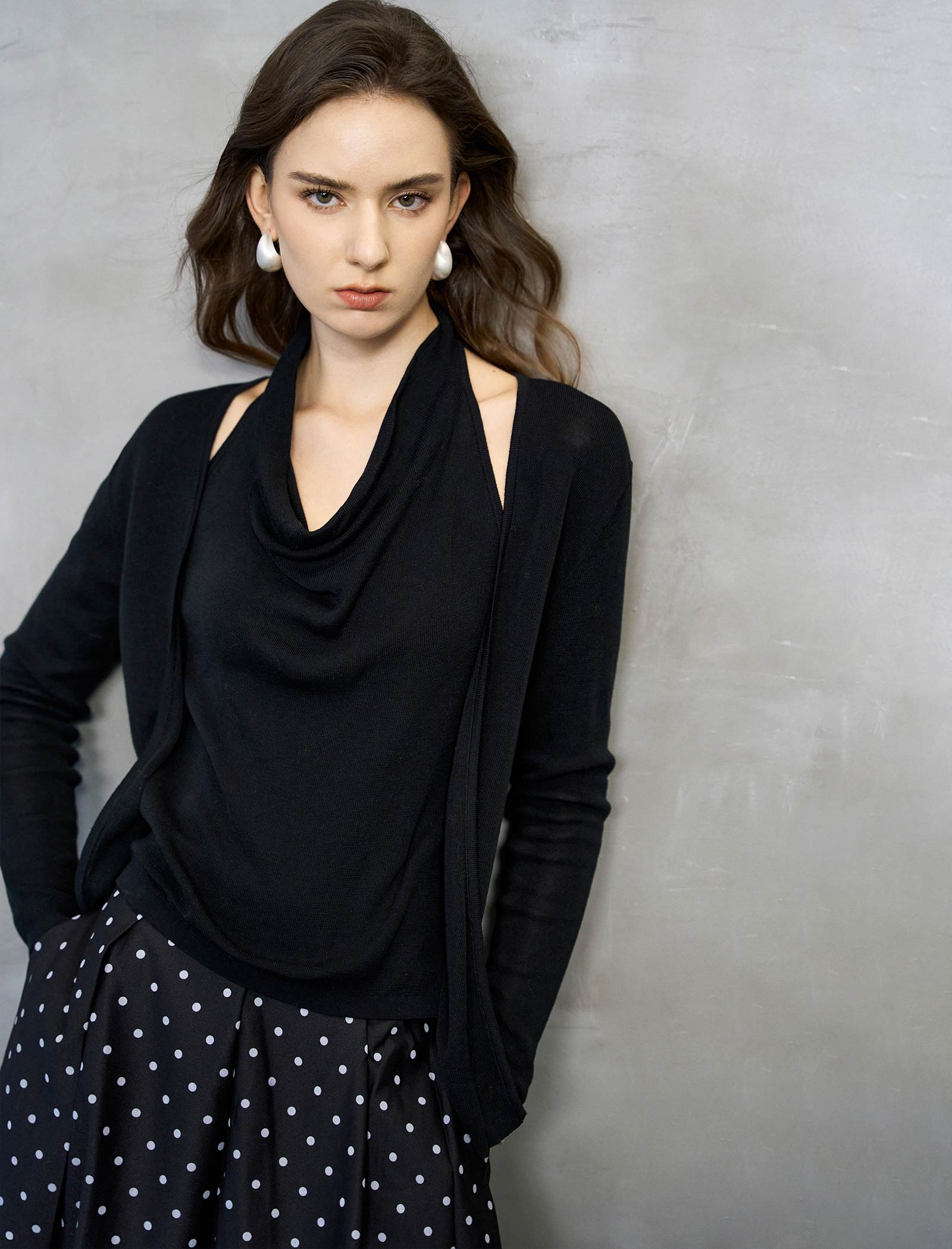 Black Draped Cowl Neck Cutout Knit Top