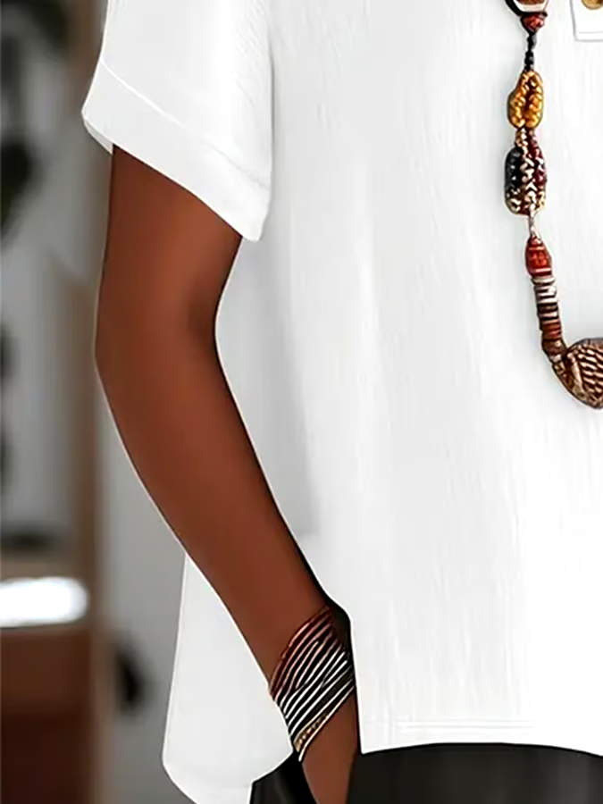 Women'S Solid Color Round Neck Button Short Sleeve Cotton And Linen Top