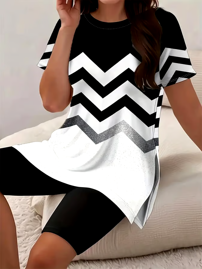 Women'S Casual Round Neck Gradient Contrast Pattern Short-Sleeved T-Shirt Shorts Set