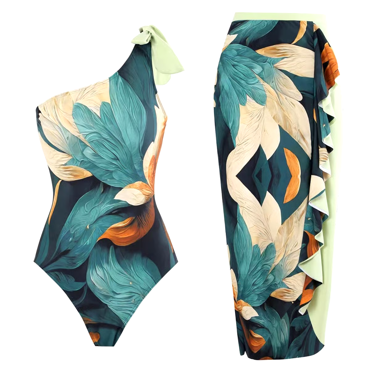 One Shoulder Chiffon Swimsuit Set