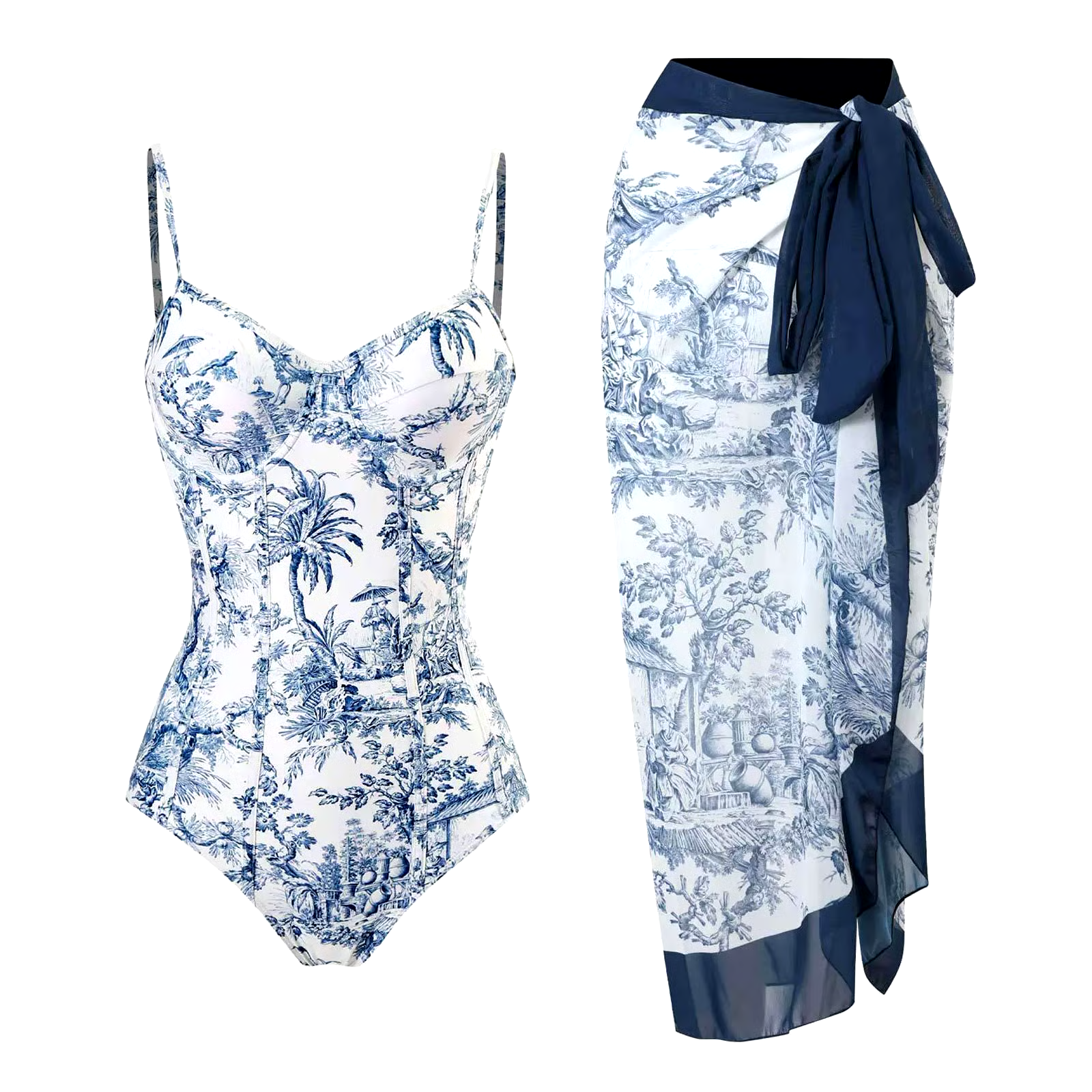 Pastoral Sketch Blue Swimsuit Set