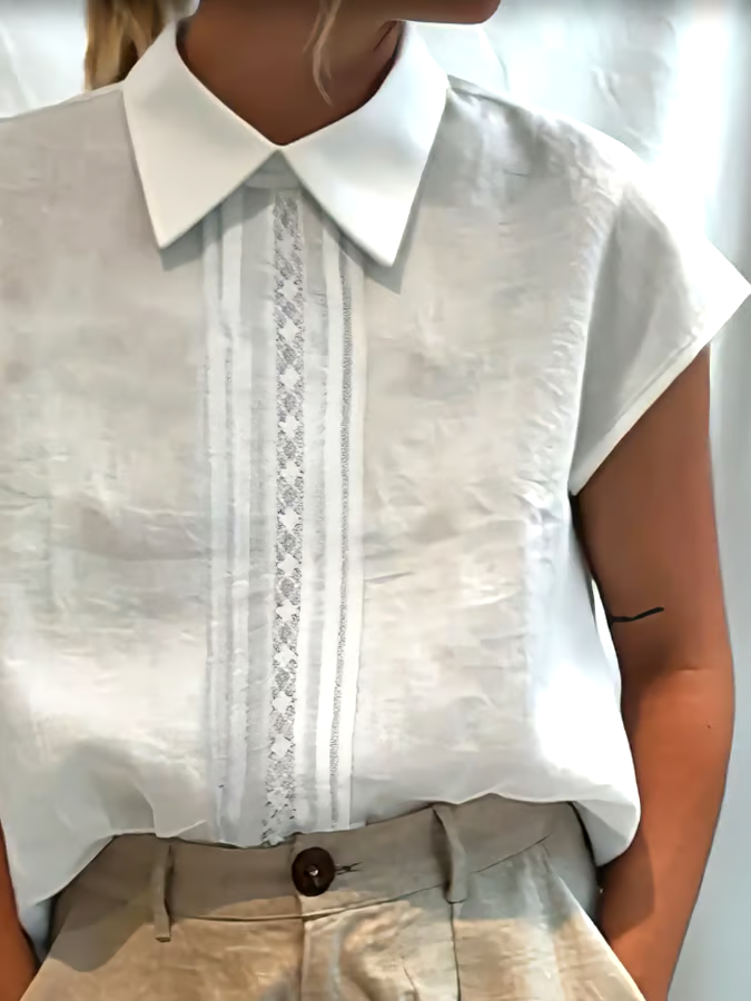 Women's Casual Solid Color Lace Stitching Lapel Shirt