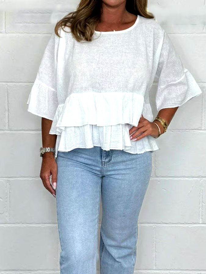 Women'S Solid Color Round Neck Ruffled Cotton And Linen Top