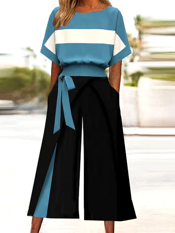 Women's Casual Round Neck Contrast Color Pants Two-Piece Set