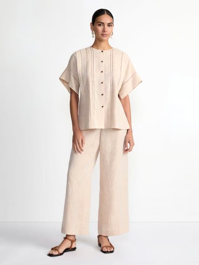 Women's Cotton&Linen Casual Striped Hollow Shirt Suit