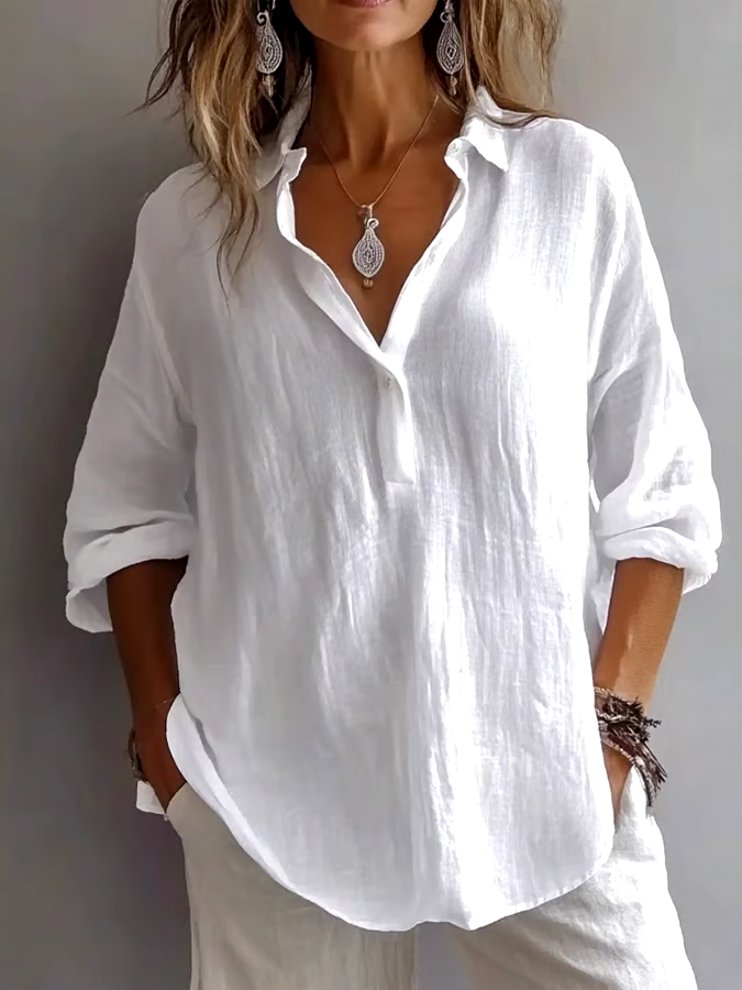 Women's Casual Solid Color Loose Long Sleeve Linen Lapel Shirt