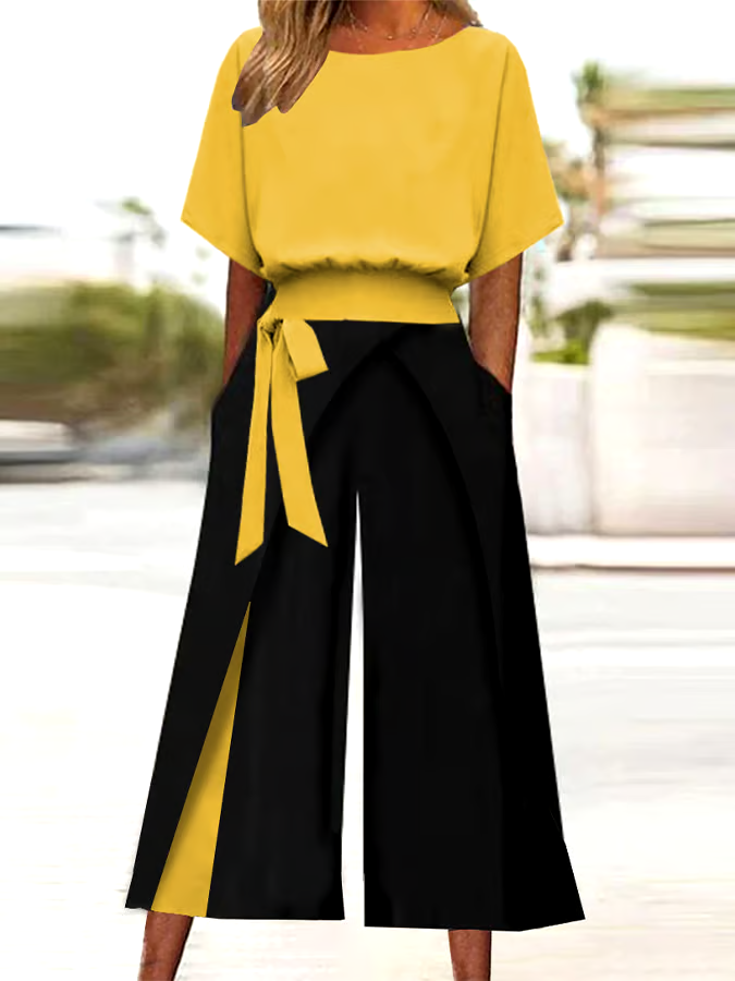 Women'S Casual Round-Neck Contrast Color Two-Piece Set