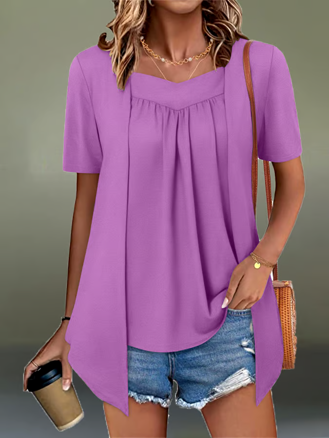 Women'S Casual Fashion Loose Fake Two-Piece Short-Sleeved Top