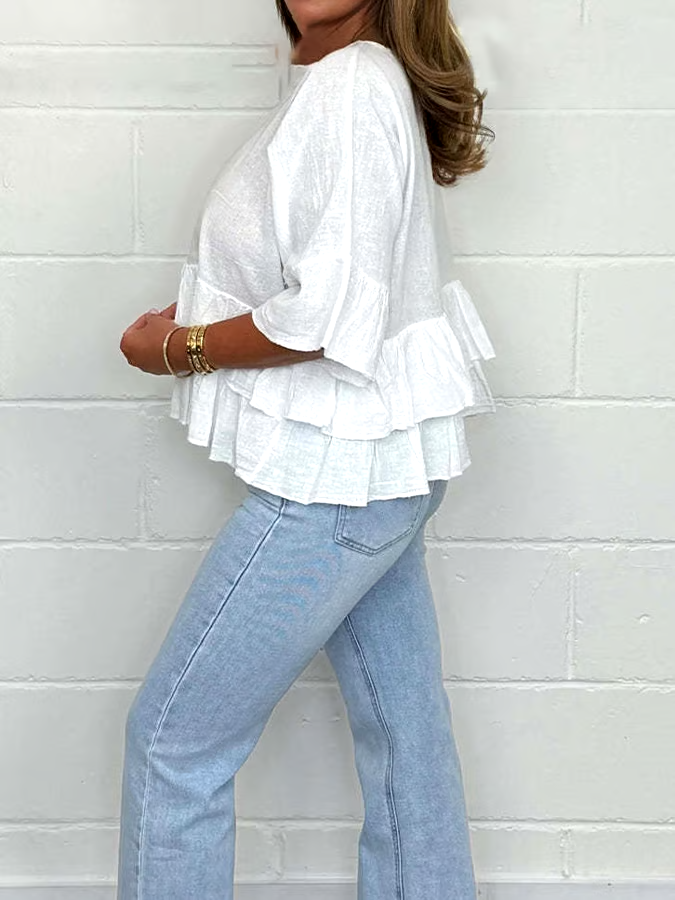 Women'S Solid Color Round Neck Ruffled Cotton And Linen Top