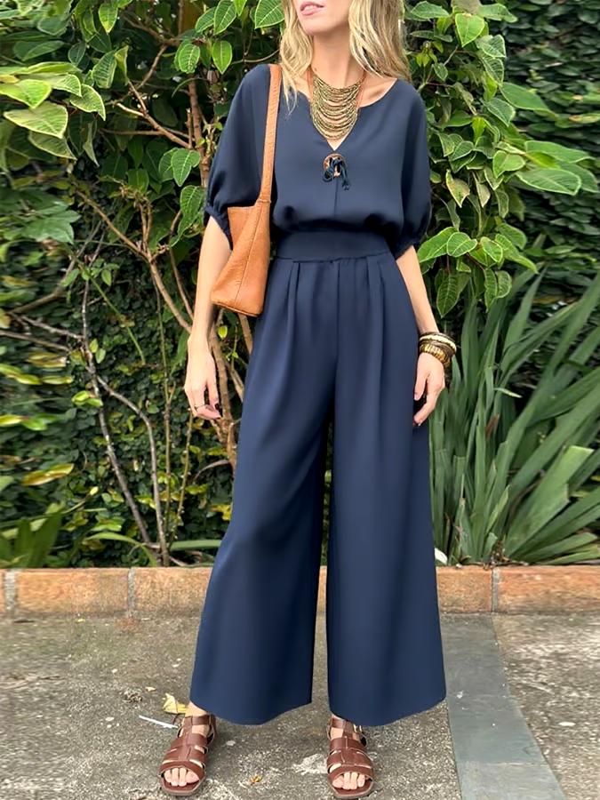 Women's Casual V-Neck Button Top and Pants Two-Piece Set