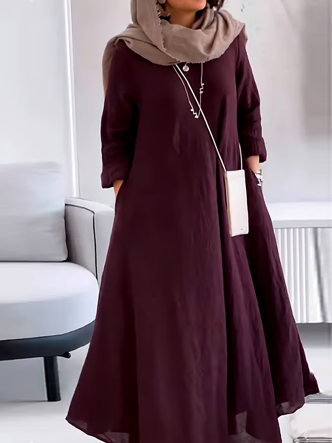Women's Casual Solid Color V-Neck Long Sleeve Cotton and Linen Dress