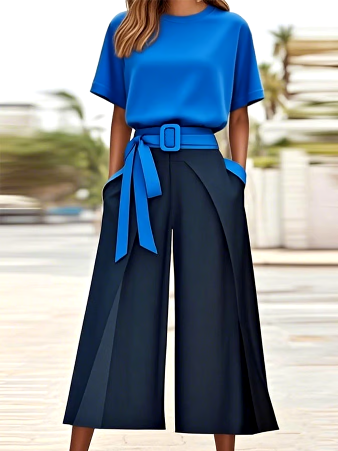 Women'S Casual Round Neck Top Contrast Color Two-Piece Suit