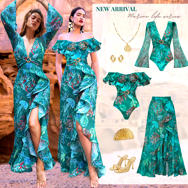 Removable Shoulder Strap Off Shoulder Marine Organism One Piece Swimsuit Set