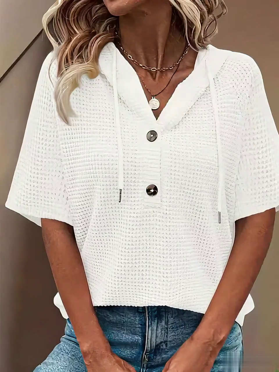 Women's Casual Solid Color Hooded Half-Button Waffle Top