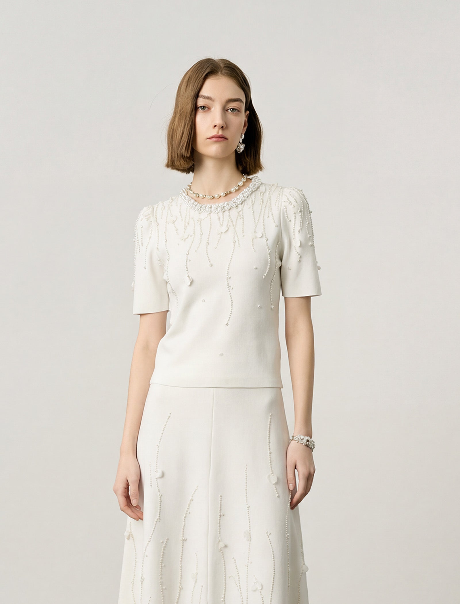 Sequin Embellished Pearl Neck Wool Knit Top
