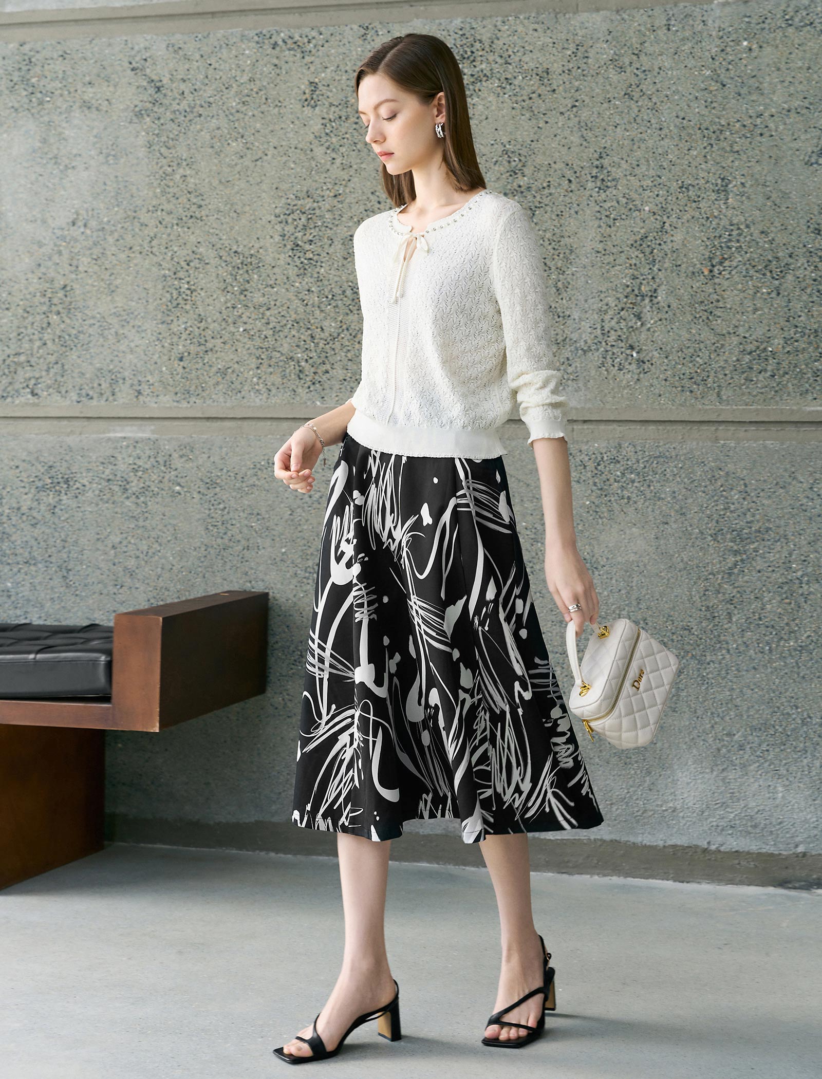 Tencel Eyelet Knit Tie-Neck Sweater